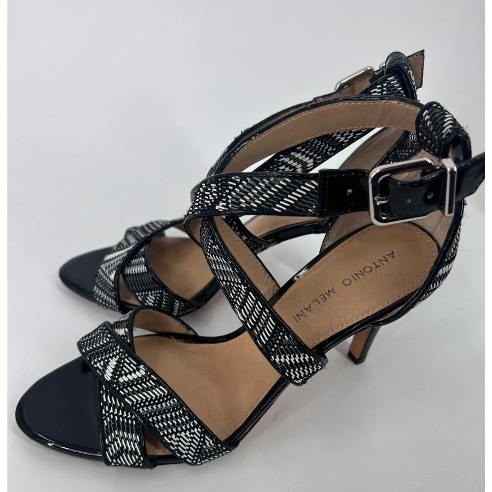 Antonio Melani Black White Tribal Aztec Print Heeled Sandals Women's Size 9M
